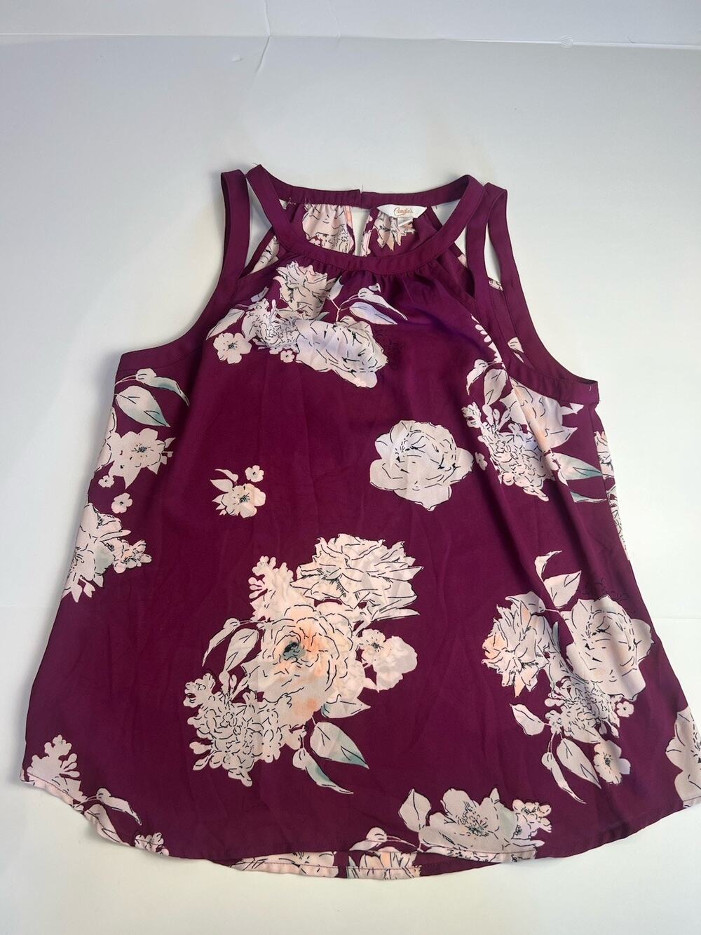 Candies Top Womens Medium Maroon Floral Print High Neckline Sleeveless Halter